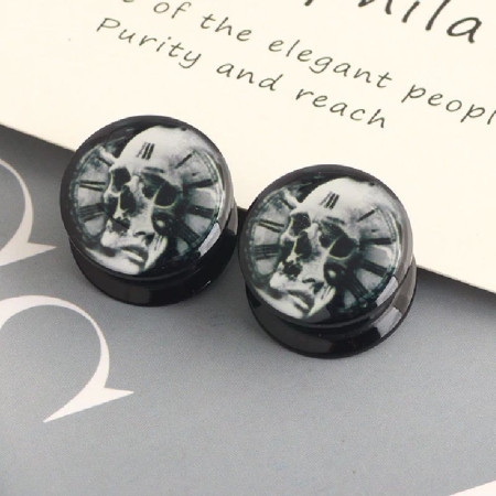 Auskarai tuneliai Acryl Time Skull, 2vnt; 8mm, 10mm, 12mm, 14mm, 16mm