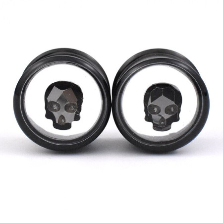 Auskarai tuneliai Skull Crystal Black, 2vnt; 8mm, 10mm, 12mm, 14mm, 16mm