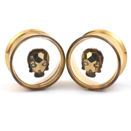 Auskarai tuneliai Skull Crystal Gold, 2vnt; 8mm, 10mm, 12mm, 14mm, 16mm