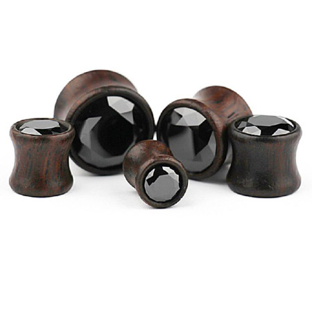 Auskarai tuneliai mediniai Wood Black Zirconia, 2 vnt; 8mm, 10mm, 12mm, 14mm, 16mm