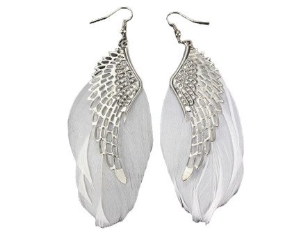 Auskarai White Wings Feathers; 2vnt